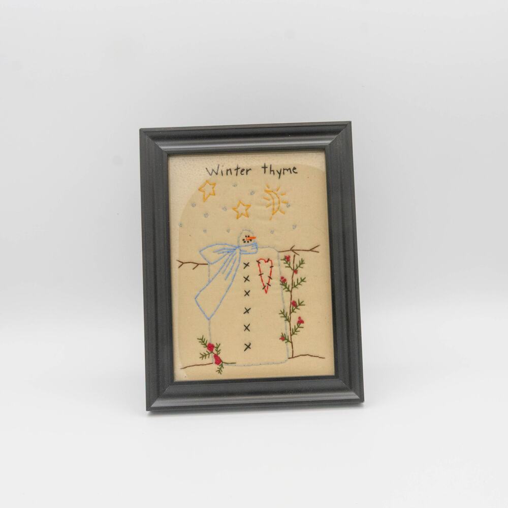 Winter Thyme Snowman Framed Hand Needlework Embroidery Christmas Wall Art